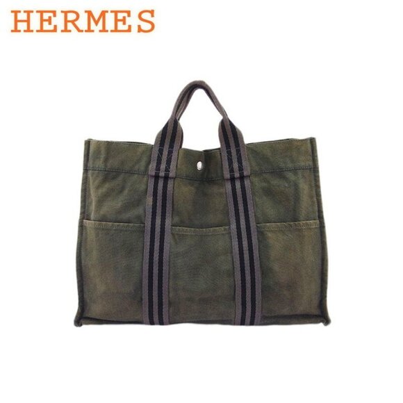 HERMES Tote Bag Fool Toe Gray Gray Cotton Canvas Authentic Used - Picture 1 of 8